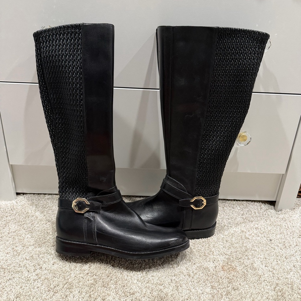 Cole Haan Black Tall Riding Boots with Gold Buckle